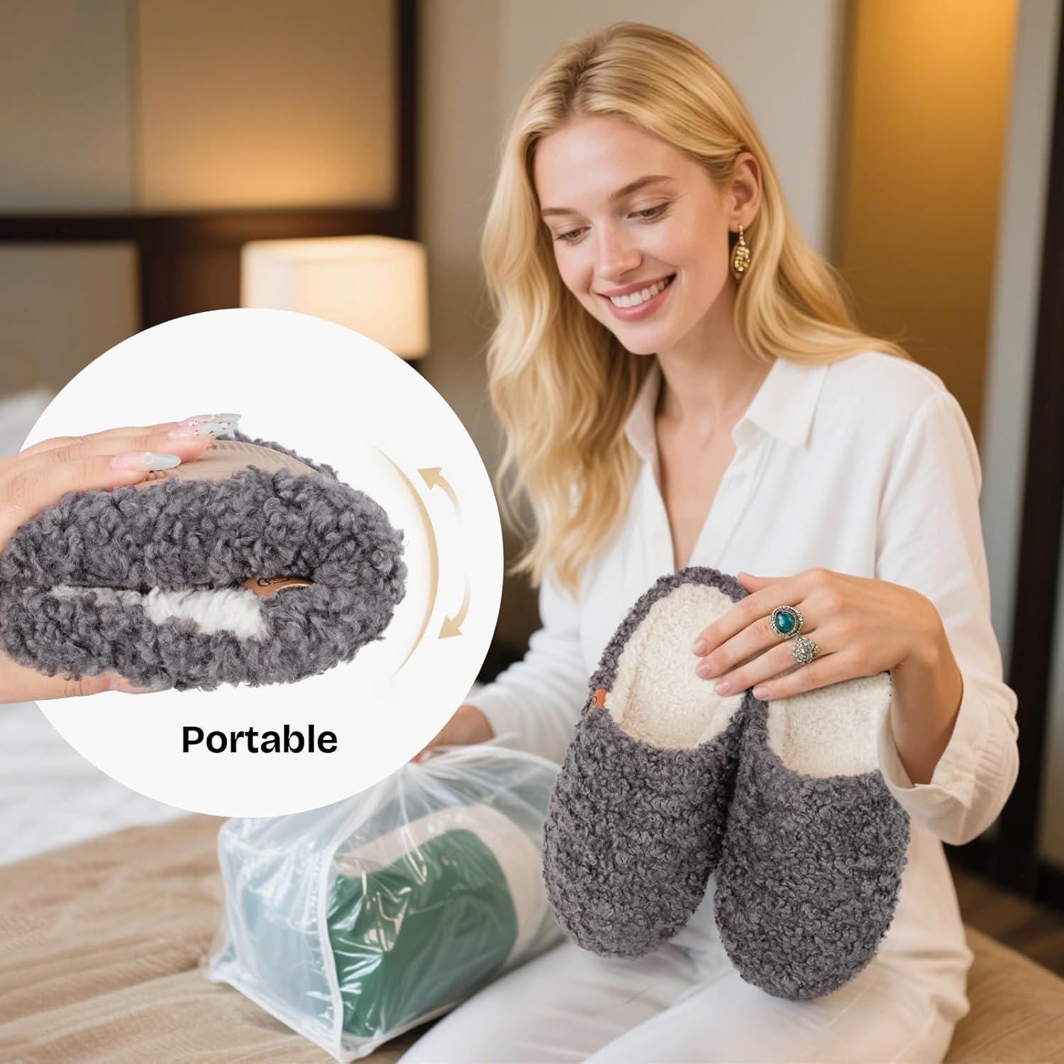 EverFoams Women’s Fuzzy Slip-on Slippers Soft Comfy Memory Foam Indoor House Shoes(Grey)