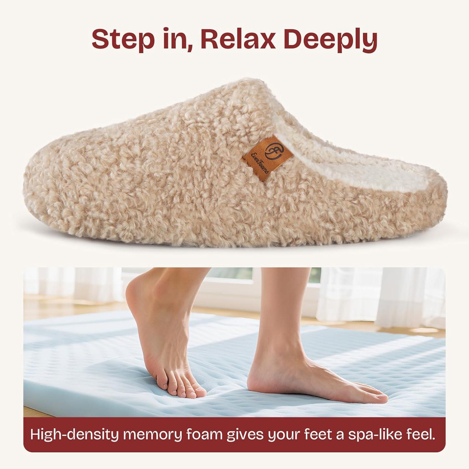 EverFoams Women’s Fuzzy Slip-on Slippers Soft Comfy Memory Foam Indoor House Shoes(Khaki)