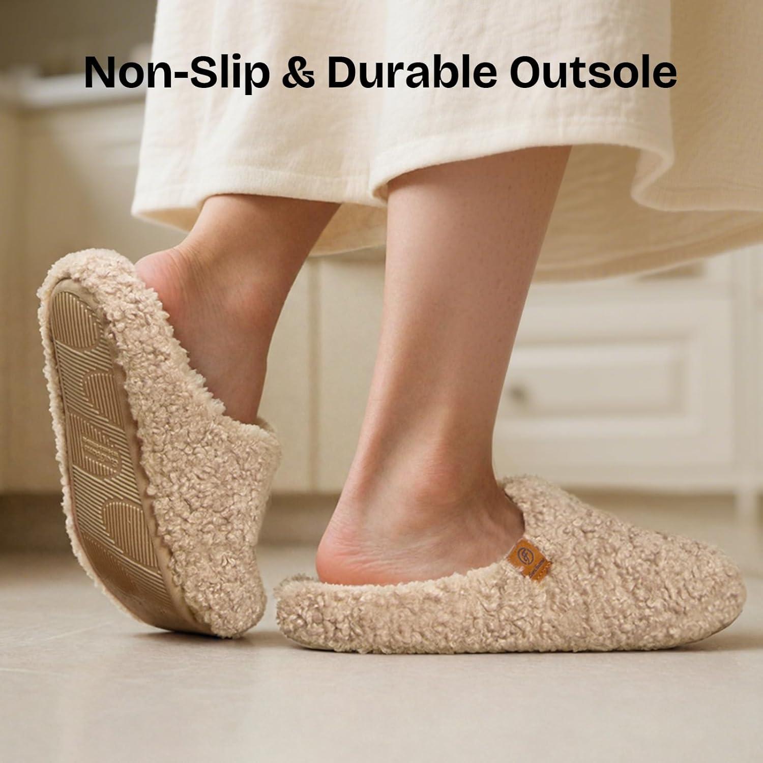 EverFoams Women’s Fuzzy Slip-on Slippers Soft Comfy Memory Foam Indoor House Shoes(Khaki)