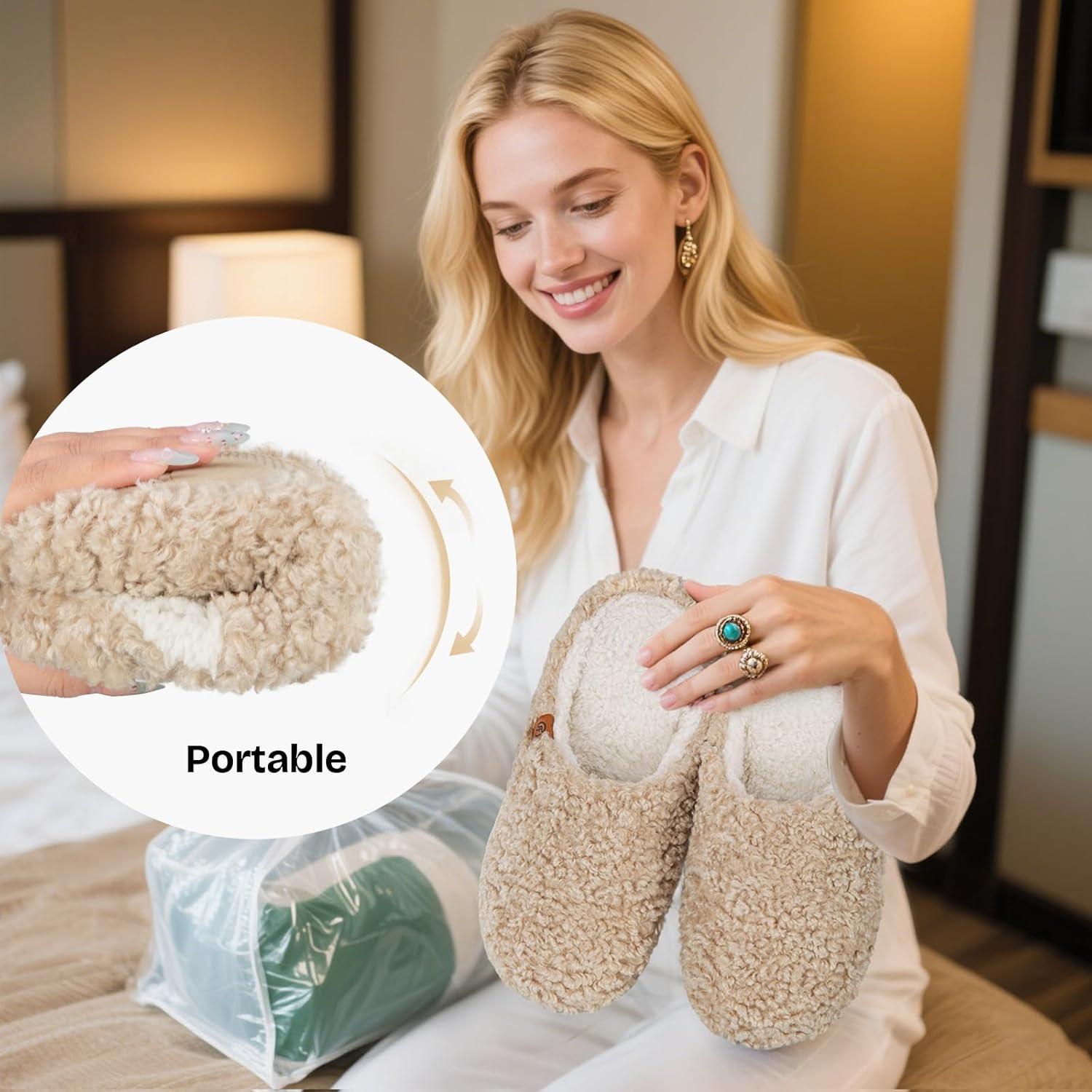 EverFoams Women’s Fuzzy Slip-on Slippers Soft Comfy Memory Foam Indoor House Shoes(Khaki)
