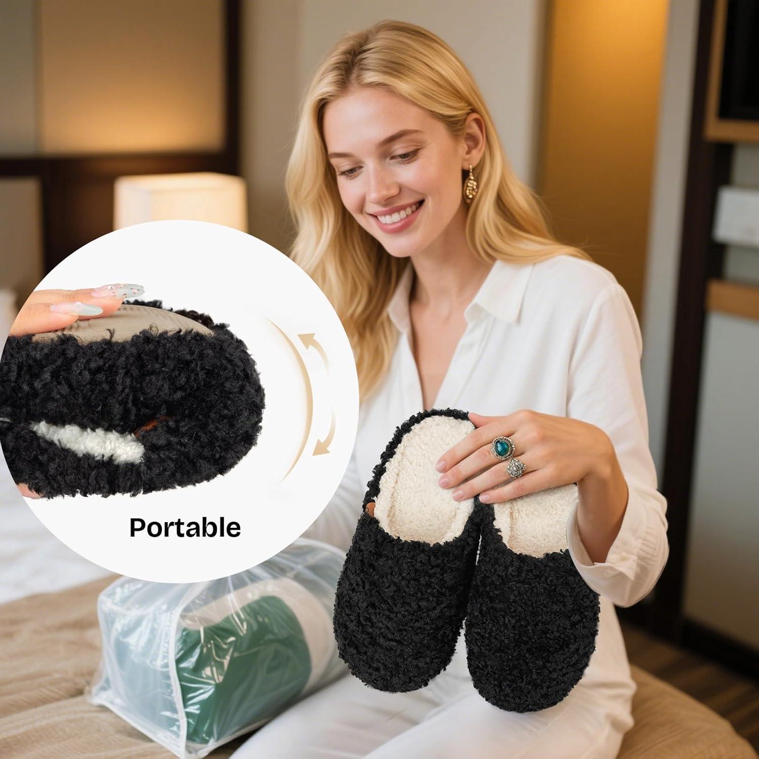EverFoams Women’s Fuzzy Slip-on Slippers Soft Comfy Memory Foam Indoor House Shoes(Black)