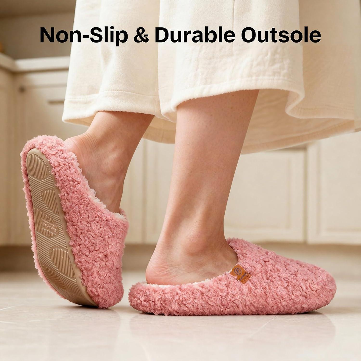EverFoams Women’s Fuzzy Slip-on Slippers Soft Comfy Memory Foam Indoor House Shoes(Dusky Pink)