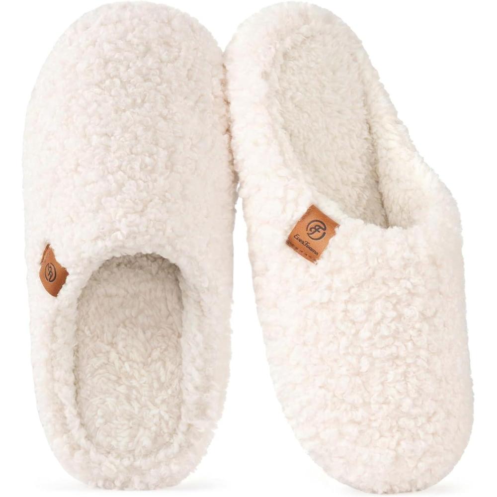 EverFoams Women’s Fuzzy Slip-on Slippers Soft Comfy Memory Foam Indoor House Shoes(Beige)