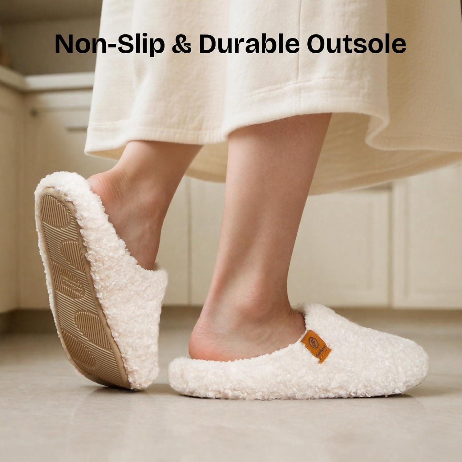 EverFoams Women’s Fuzzy Slip-on Slippers Soft Comfy Memory Foam Indoor House Shoes(Beige)
