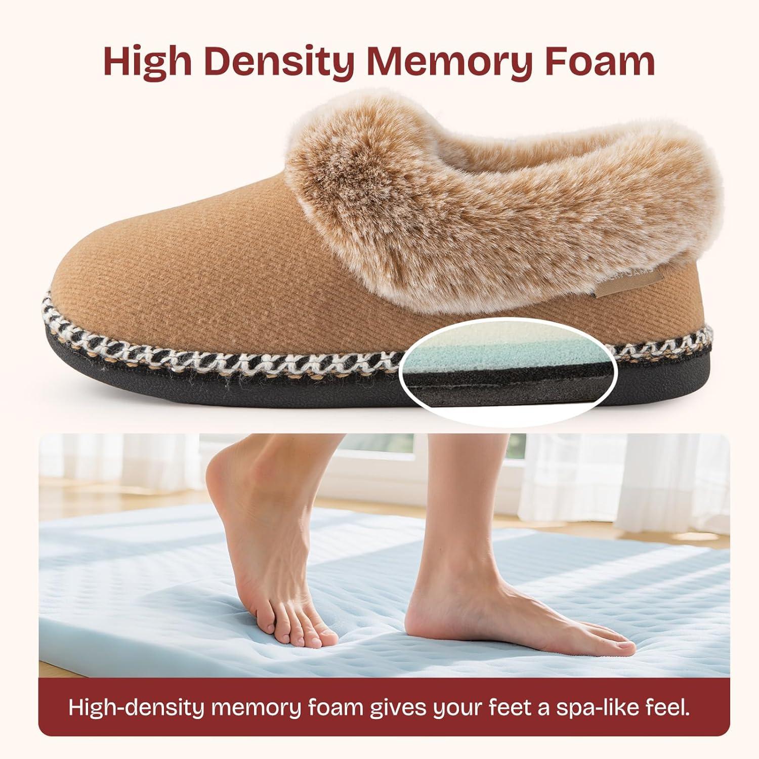 EverFoams Women’s Bootie Slippers Warm Soft Comfy Memory Foam Non-slip Indoor House Shoes with Fluffy Collar(Tan)