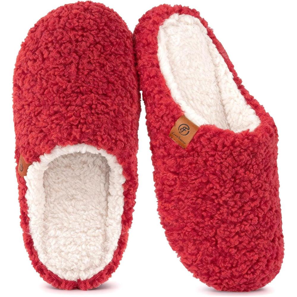EverFoams Women’s Fuzzy Slip-on Slippers Soft Comfy Memory Foam Indoor House Shoes(Wine Red)