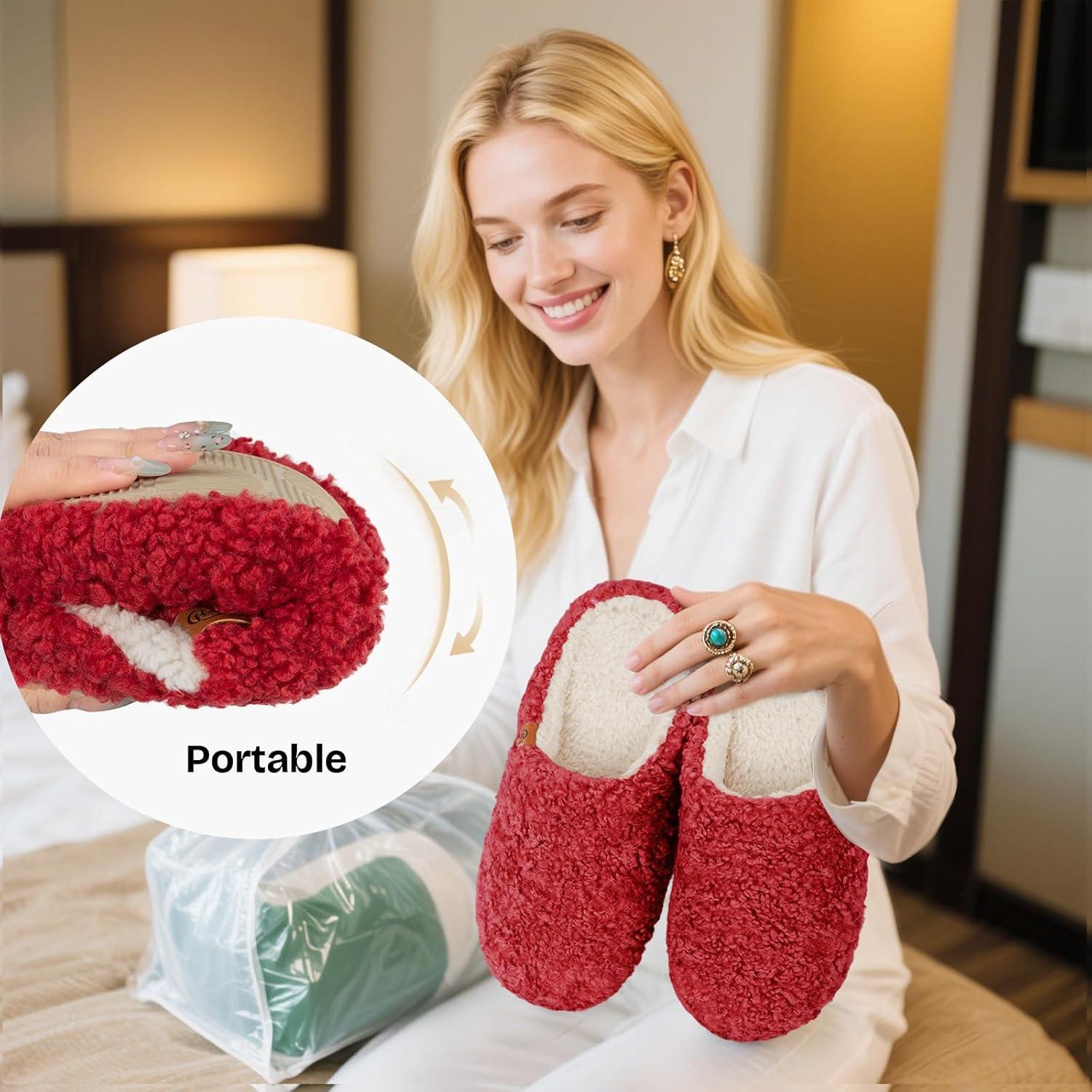 EverFoams Women’s Fuzzy Slip-on Slippers Soft Comfy Memory Foam Indoor House Shoes(Wine Red)