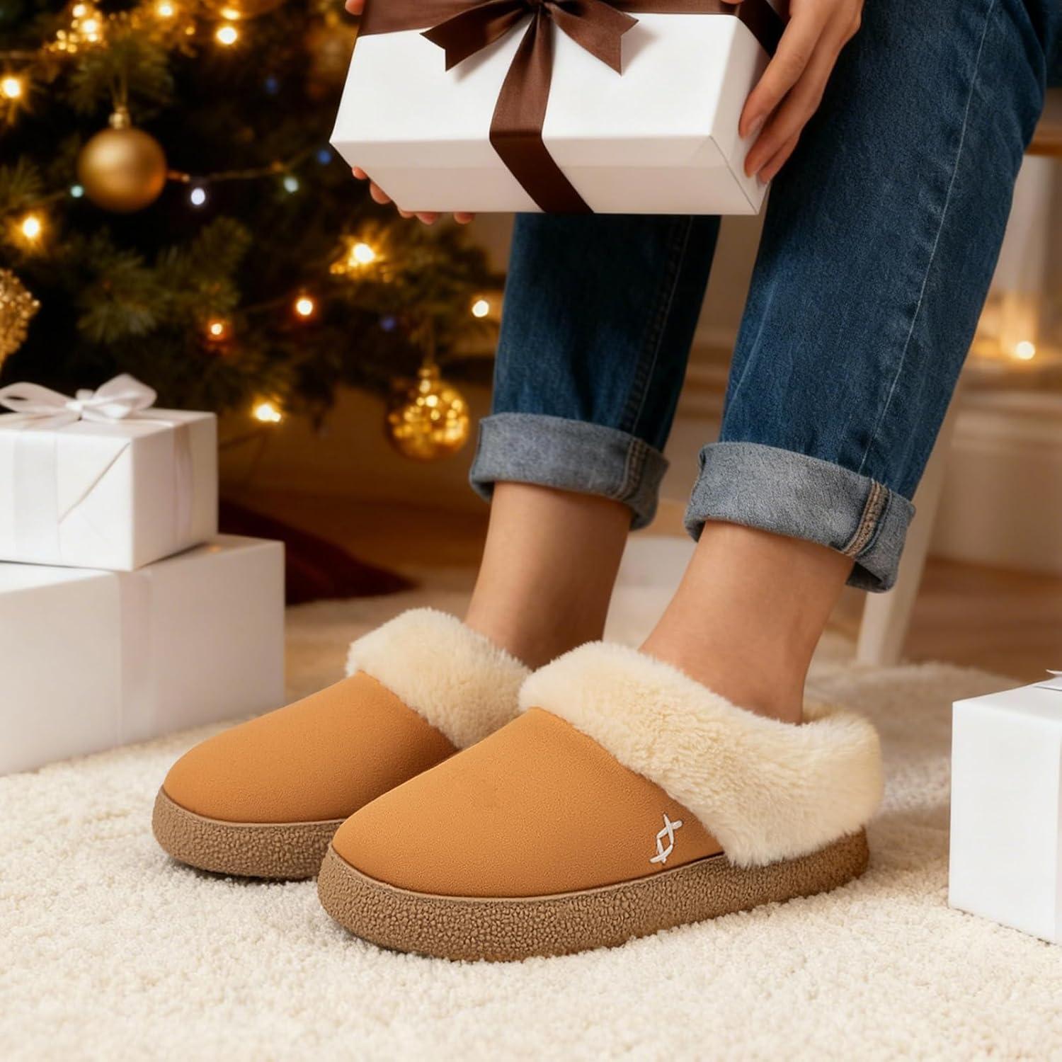 EverFoams Women’s Microsuede Slippers Comfy Memory Foam Non-slip Indoor House Shoes with Fuzzy Collar(Chestnut)
