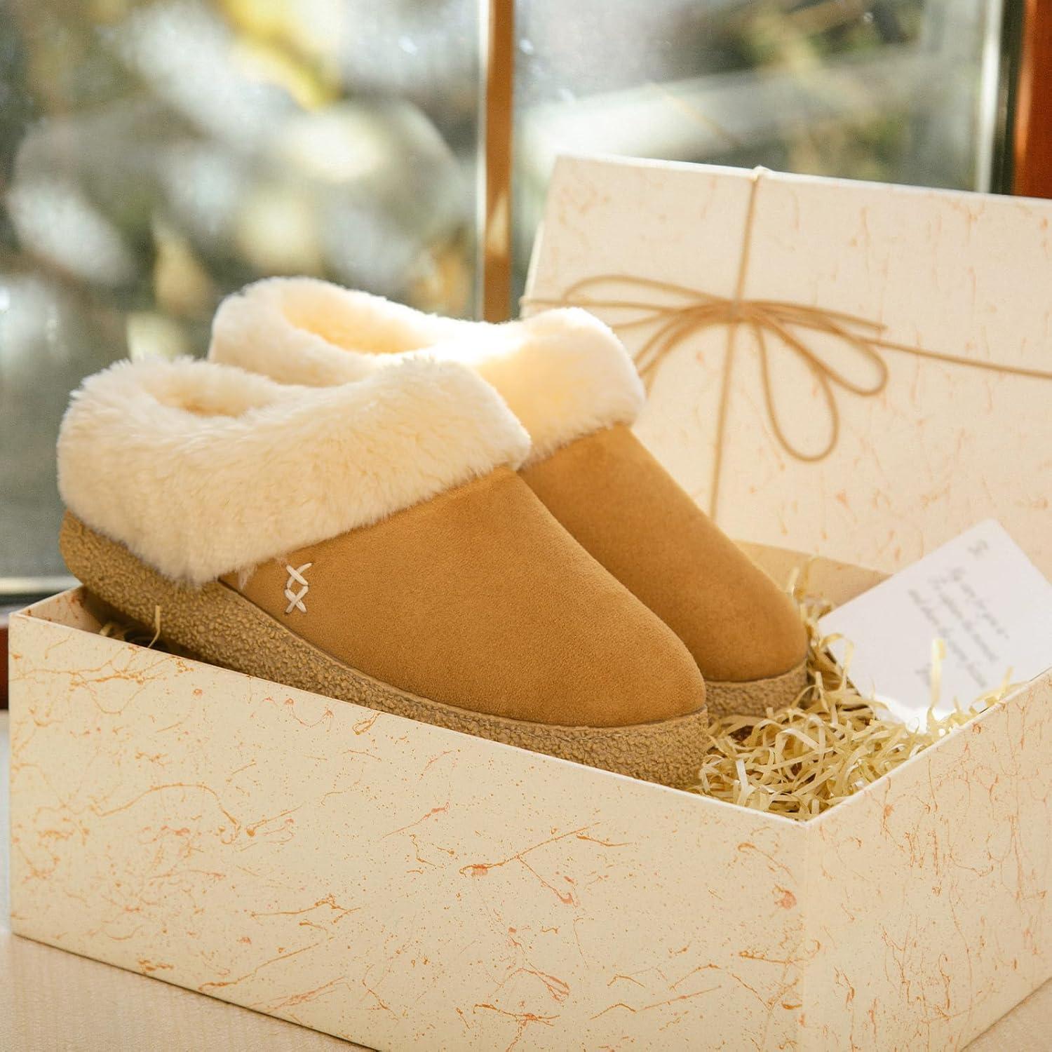 EverFoams Women’s Microsuede Slippers Comfy Memory Foam Non-slip Indoor House Shoes with Fuzzy Collar(Chestnut)