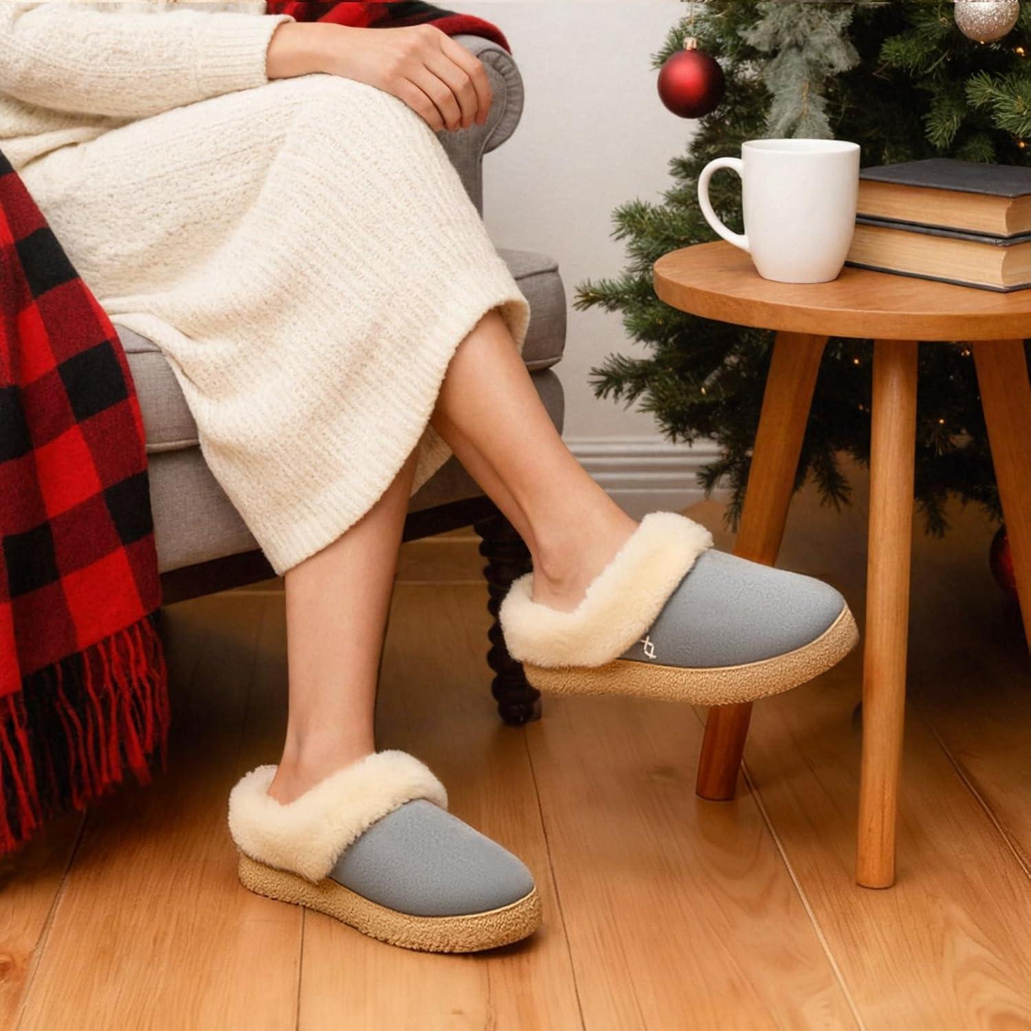 EverFoams Women’s Microsuede Slippers Comfy Memory Foam Non-slip Indoor House Shoes with Fuzzy Collar(Grey)