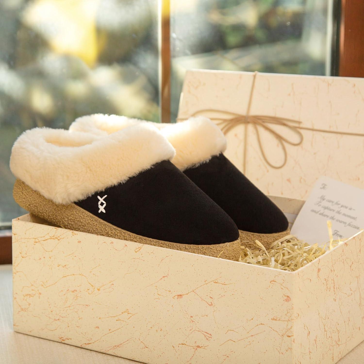 EverFoams Women’s Microsuede Slippers Comfy Memory Foam Non-slip Indoor House Shoes with Fuzzy Collar(Ink Black)