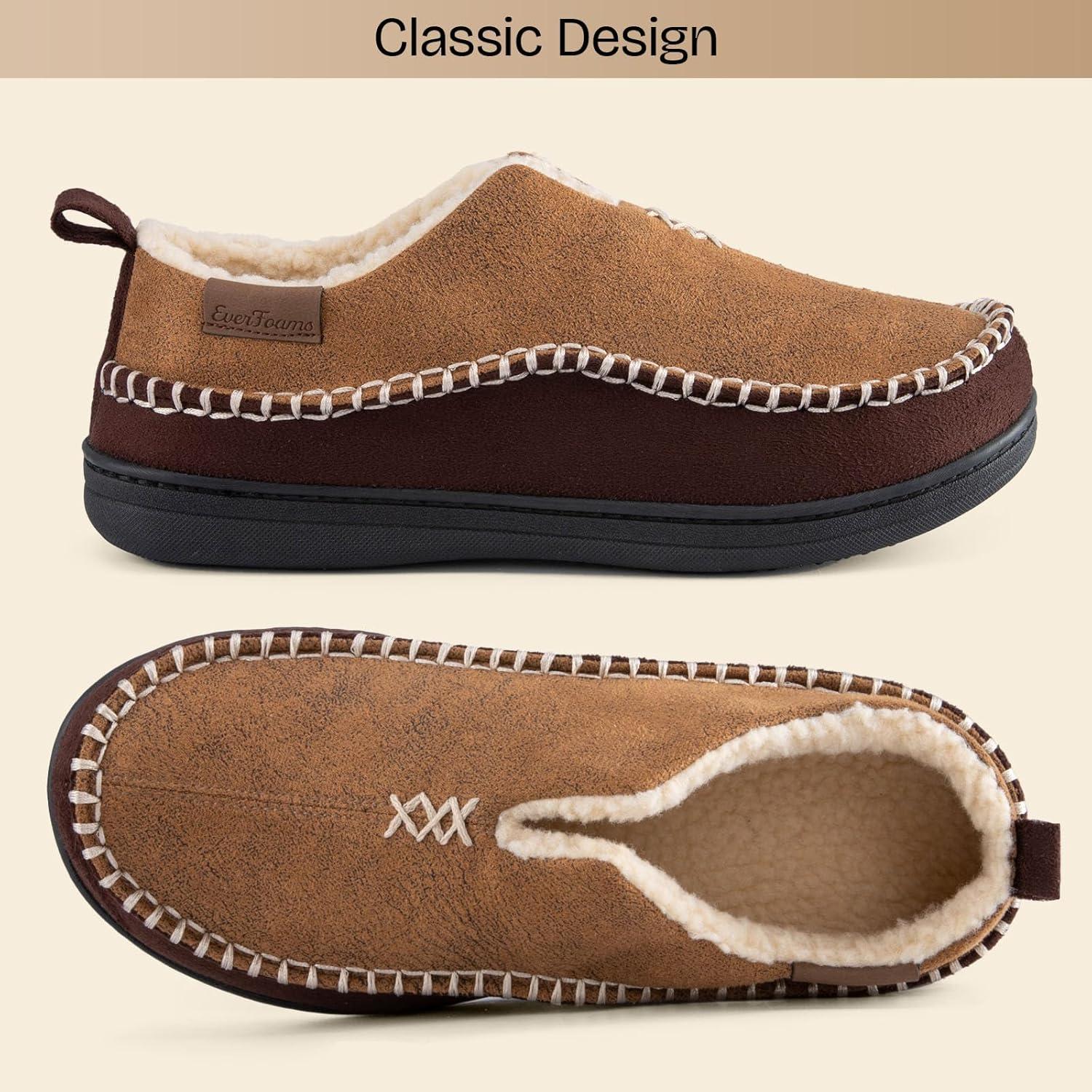 EverFoams Men’s Moccasin Slippers Memory Foam Indoor/Outdoor Warm Suede House Shoes with Fuzzy Sherpa Lining(Tan)